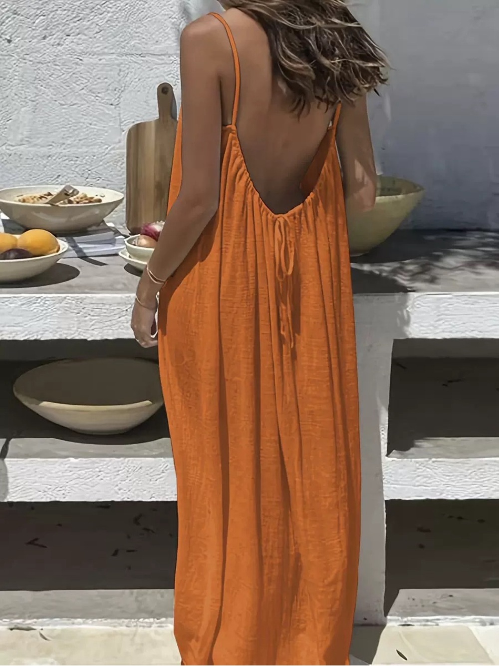 YNS Generic Orange Backless Maxi Dress - Sleeveless Summer Slip